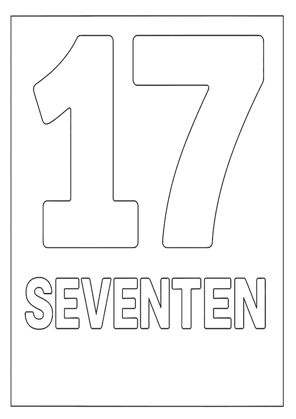 The number seventeen with the word "SEVENTEEN" below, ready for a number coloring page.