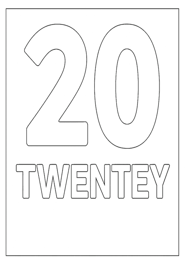 A clear "20" with "TWENTEY" below for a printable number coloring page.