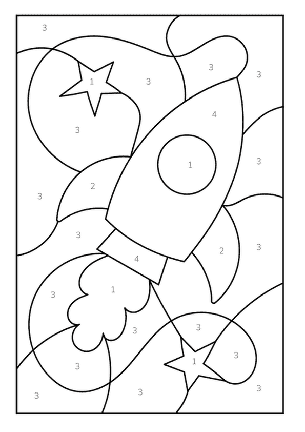A fun color by number rocket ship and stars floating in space.