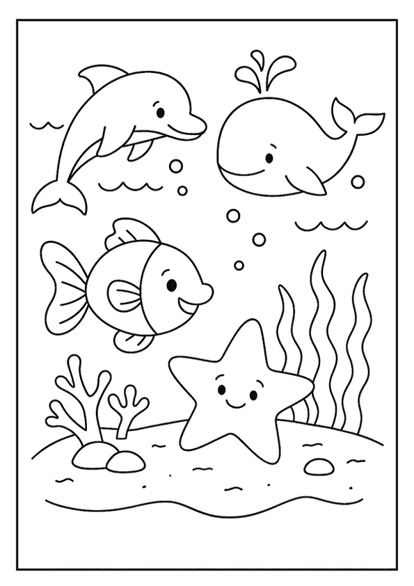  Ocean animal coloring pages for kids featuring a happy dolphin, whale, fish, and starfish.