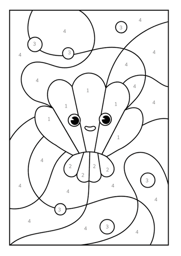 Adorable smiling seashell color by number illustration with bubbly accents.