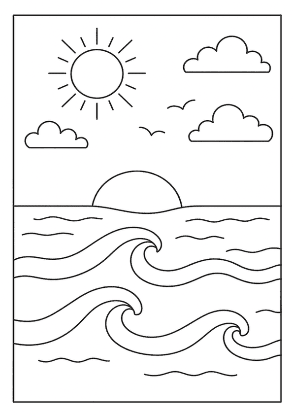 A bright Summer sun shines over rolling ocean waves with a sunset on the horizon.