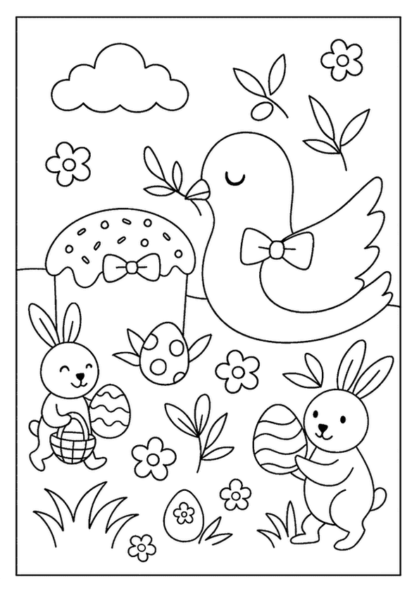 Peaceful dove among flowers, an Easter coloring page with bunnies, eggs, and a festive cake.