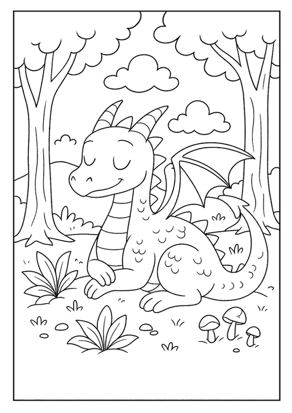 Peaceful forest dragon coloring page resting calmly among trees and mushrooms.