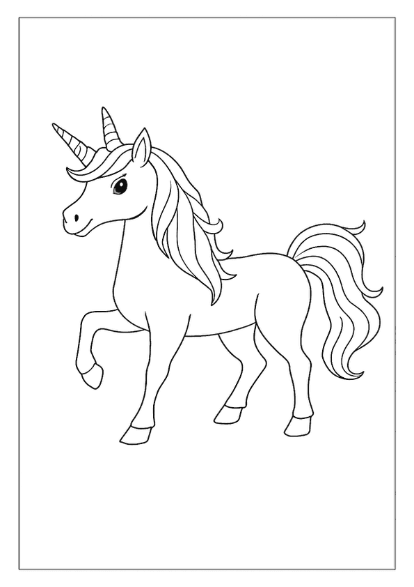 A Magical Unicorn Coloring Page. This Unicorn Has A Long, Flowing Mane And Tail And Is Prancing.
