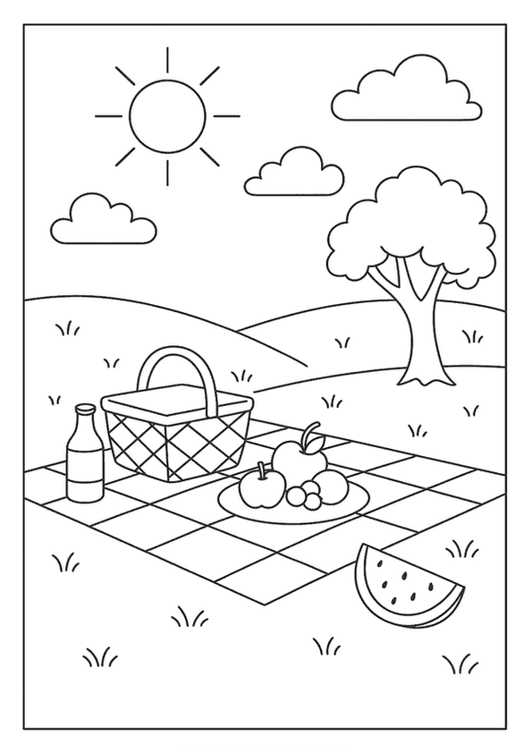 A delightful Summer picnic scene with a basket, fruit, and watermelon under a sunny sky.