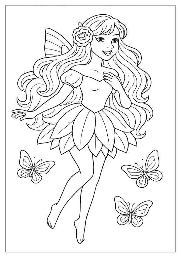 A Joyful Fairy With Long, Flowing Hair And A Flower In Her Hair, Surrounded By Butterflies.