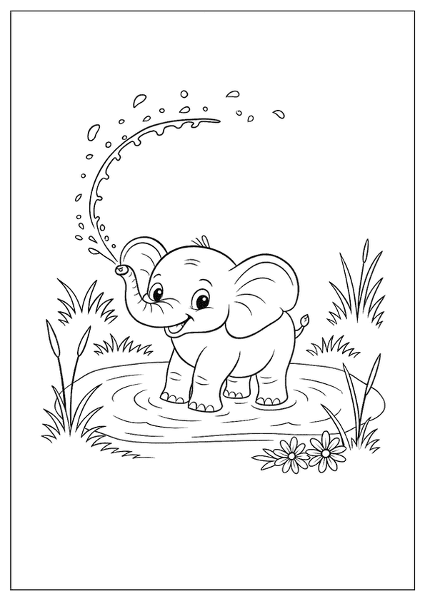 Elephant Coloring Page Of A Happy Baby Elephant Playing In A Pond, Spraying Water From Its Trunk.
