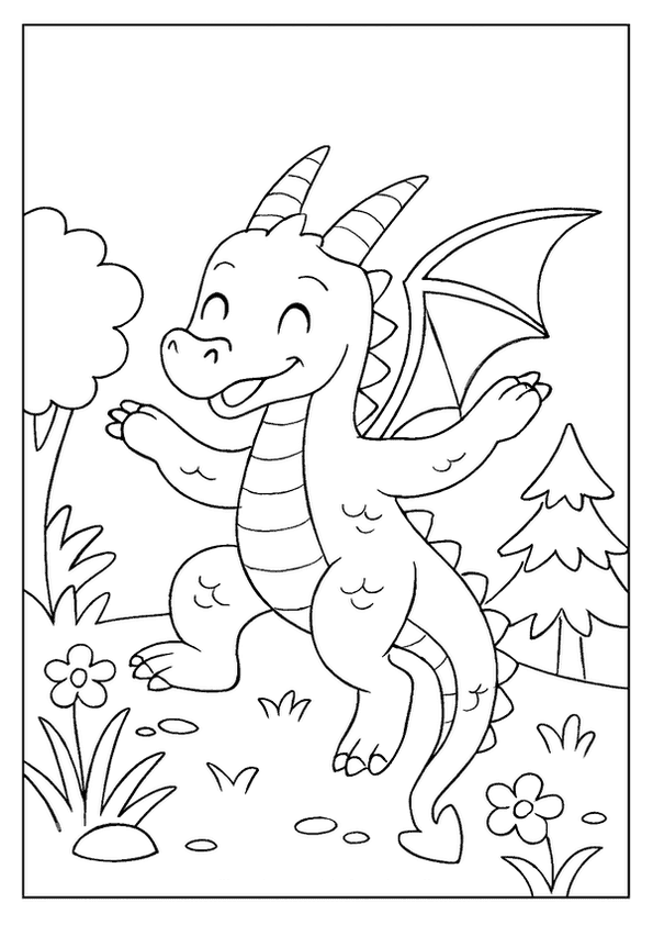 Playful little dragon coloring page dancing happily in a grassy field with trees.