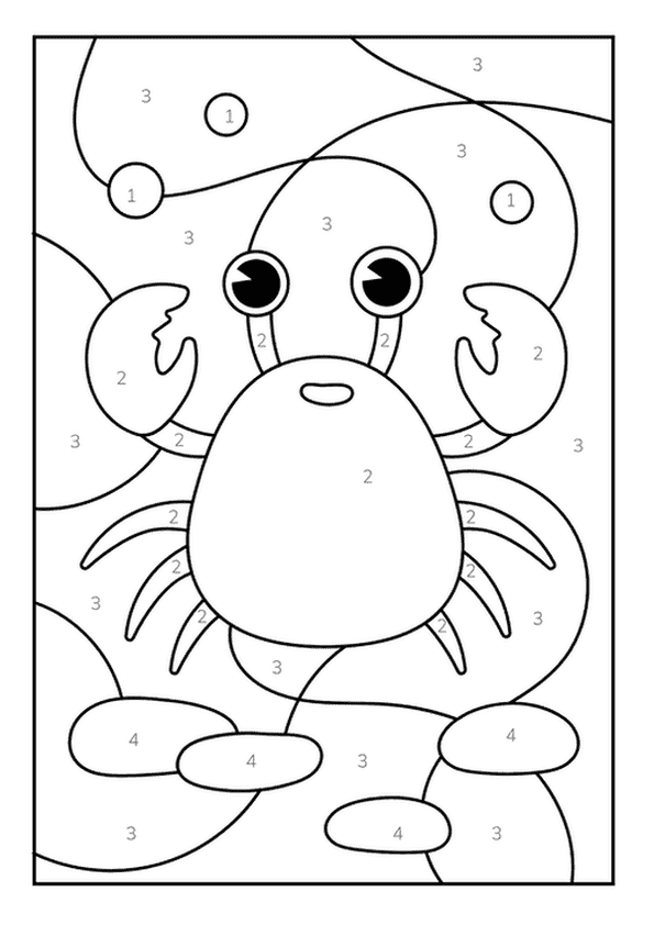 Adorable crab on the seabed, a fun color by number Coloring Page for kids.