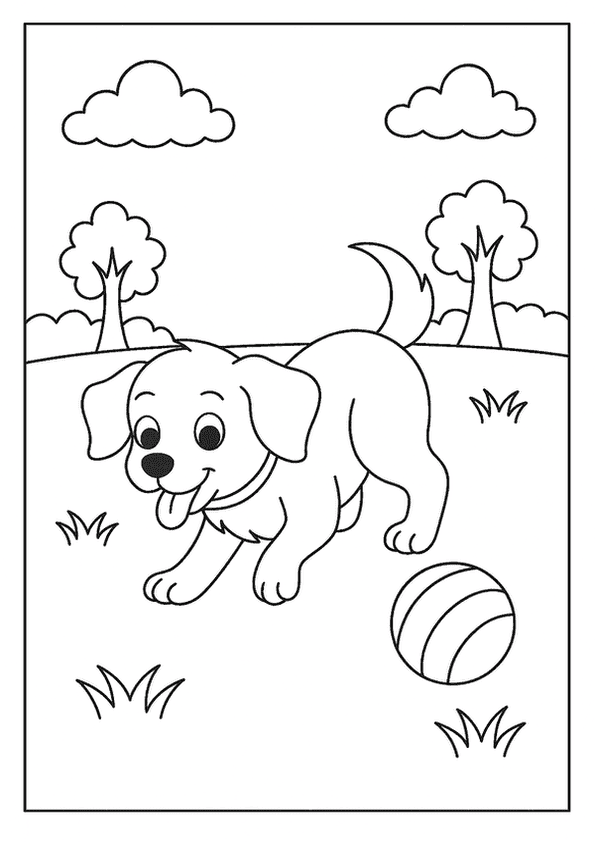 A cheerful puppy with a wagging tail stands near a striped ball in a grassy park. A sweet Dog coloring activity.