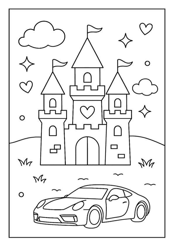 Princess castle coloring page for kids, with a grand castle, hearts, stars, clouds, and a sleek car.