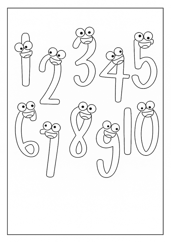  A number coloring page with ten cute, smiling numbers from 1 to 10, each with big eyes.