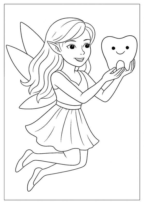 A Smiling Tooth Fairy Holding A Happy Tooth, A Fun Coloring Sheet For Dental Health.