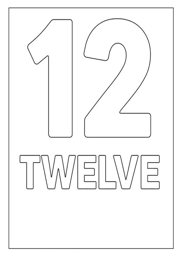 Outlined number 12 with the word "TWELVE" below, designed as a number coloring page.