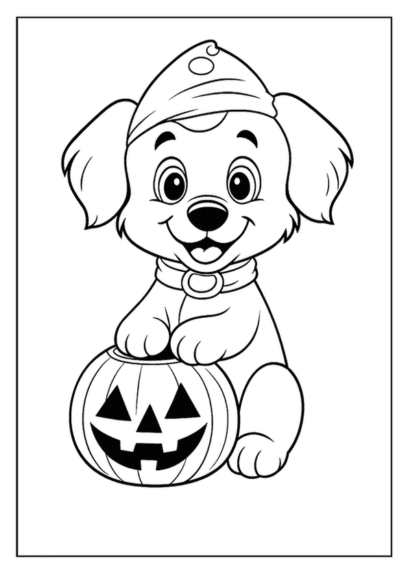 A cute puppy wearing a small cap, sitting beside a classic grinning jack-o'-lantern.