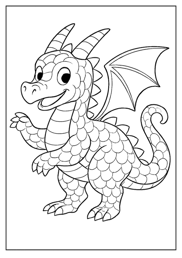 Adorable scaled dragon coloring page with a friendly smile, perfect for bright colors.