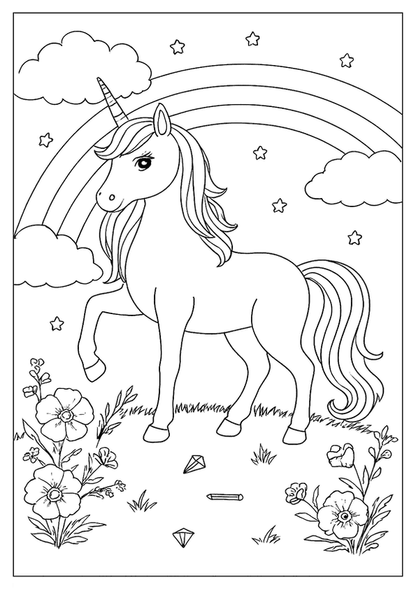 A Magical Unicorn Coloring Page. The Unicorn Stands In A Field Of Flowers Under A Bright Rainbow.