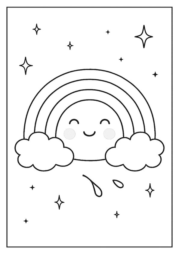 Kawaii coloring page of a smiling rainbow surrounded by clouds and stars.