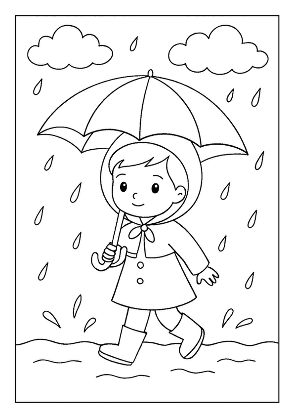 ainy day drawing fun for kids, showing a child in a raincoat with an umbrella in the rain.