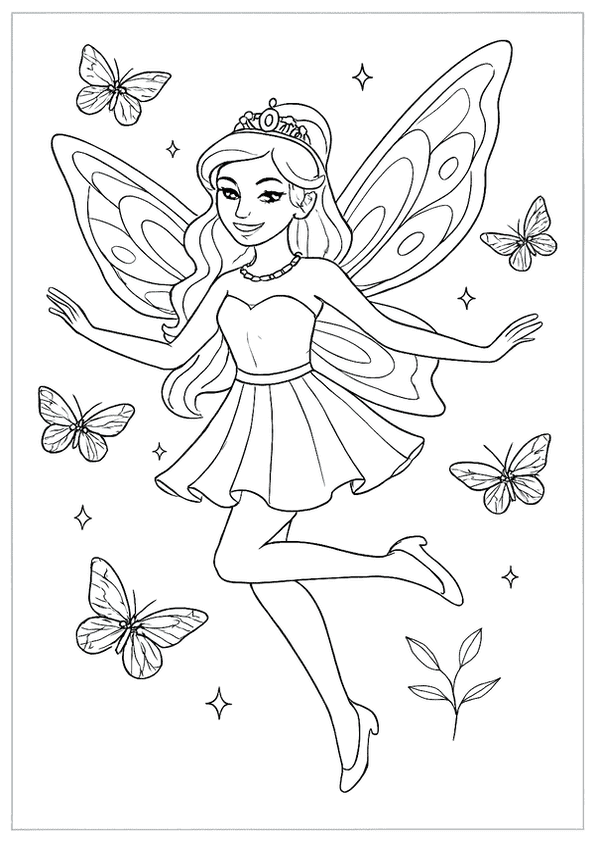 A Beautiful Fairy With A Tiara And Butterfly Wings, Surrounded By Fluttering Butterflies And Sparkle.