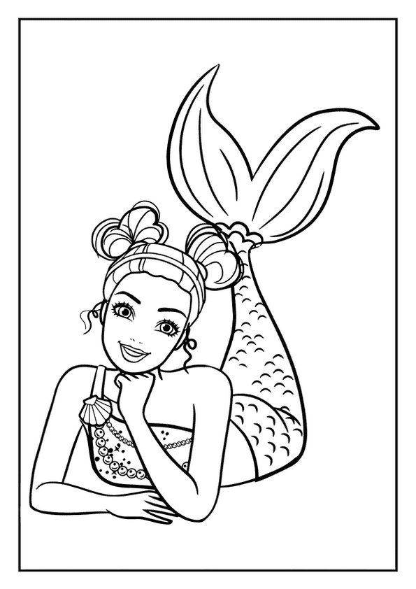 A stylish mermaid coloring page of a mermaid lying down and posing with two cute buns in her hair.