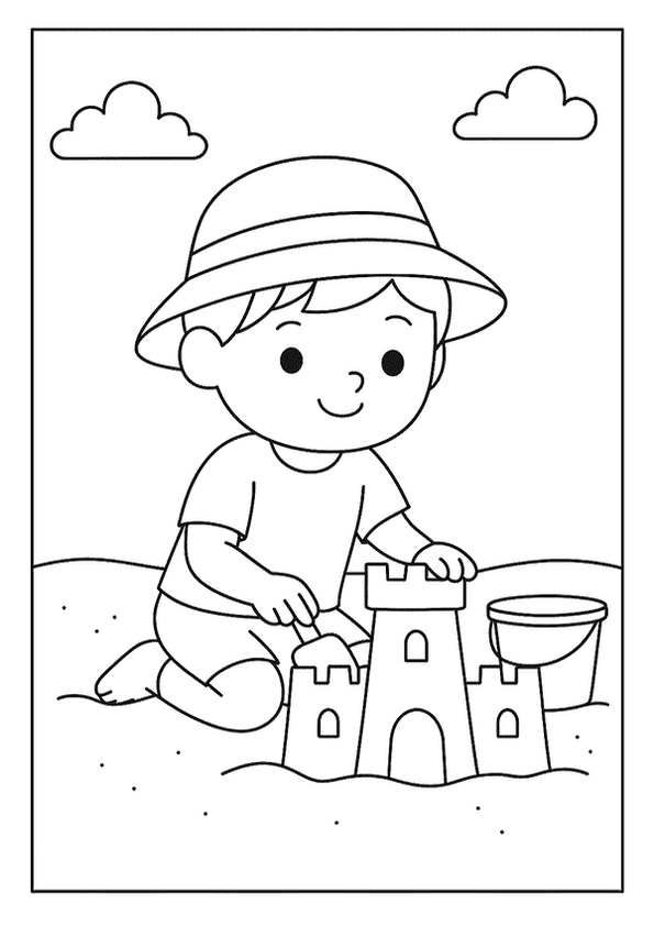 A cheerful child wearing a hat, busy building a sandcastle on a Summer beach.