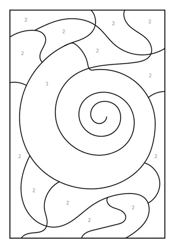 A simple color by number outline of a seashell with a small, swirled pearl inside.