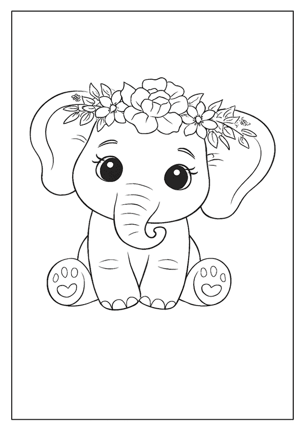 A Sweet Baby Elephant Coloring Page With A Flower Crown Sitting Calmly And Smiling.