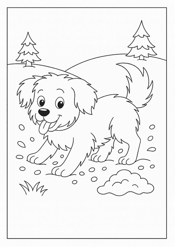 A cheerful, shaggy dog with its tongue out in a snowy landscape with evergreen trees. A winter Dog coloring page.