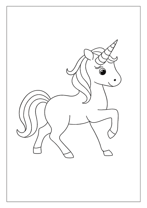 A Unicorn Coloring Page Showing A Simple And Cute Unicorn With A Spiral Horn, Prancing In Place.
