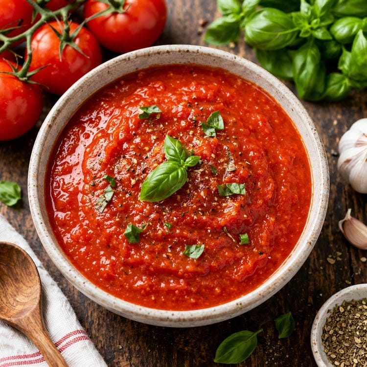 Fresh homemade tomato sauce with basil.