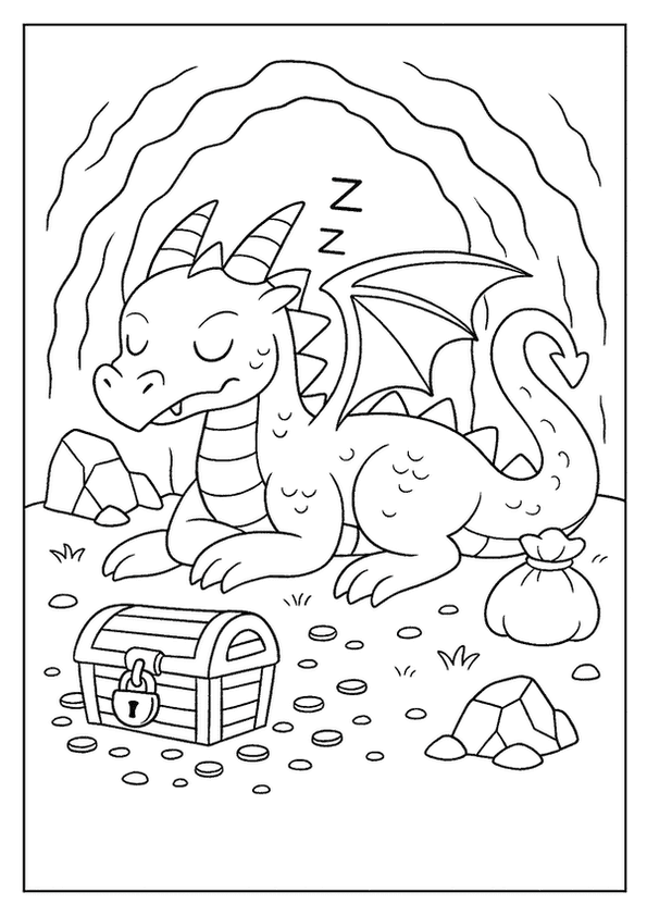 Sleepy dragon coloring page napping in a cave with a treasure chest and gold coins.