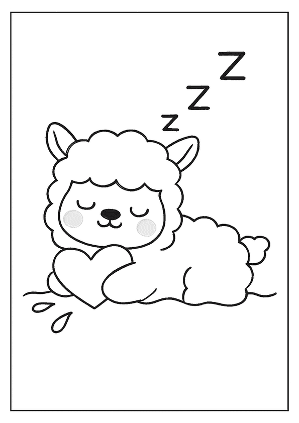 Sleepy Kawaii alpaca coloring page with a cute sleeping alpaca hugging a heart.