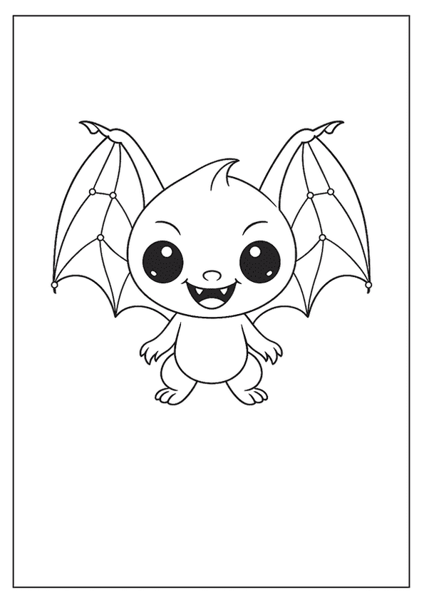 An adorable cartoon baby bat with large eyes and small fangs, spreading its intricate wings.