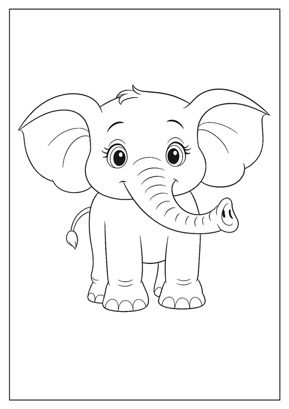 Cute Baby Elephant Coloring Page With A Happy Smile And Large, Expressive Eyes.