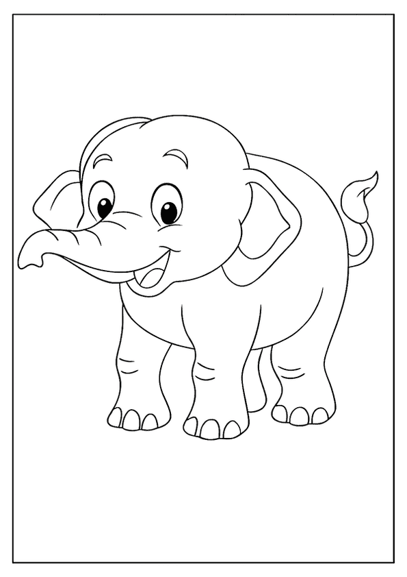Easy Elephant Coloring Page Of A Cartoon Baby Elephant With A Big, Happy Smile And Trunk Up.