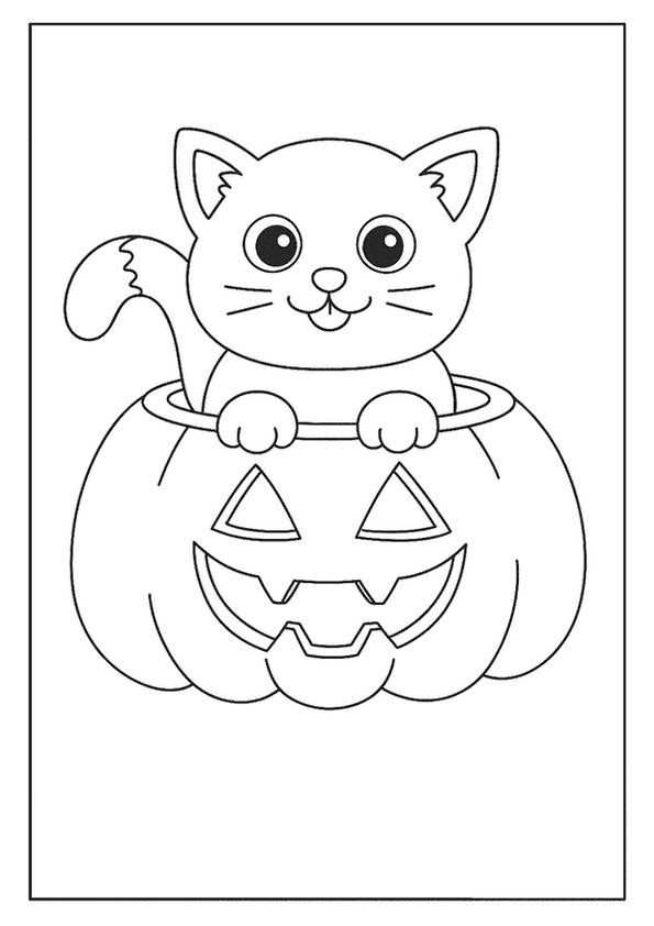 A cheerful little cat with big eyes peeking out of a carved Halloween lantern.