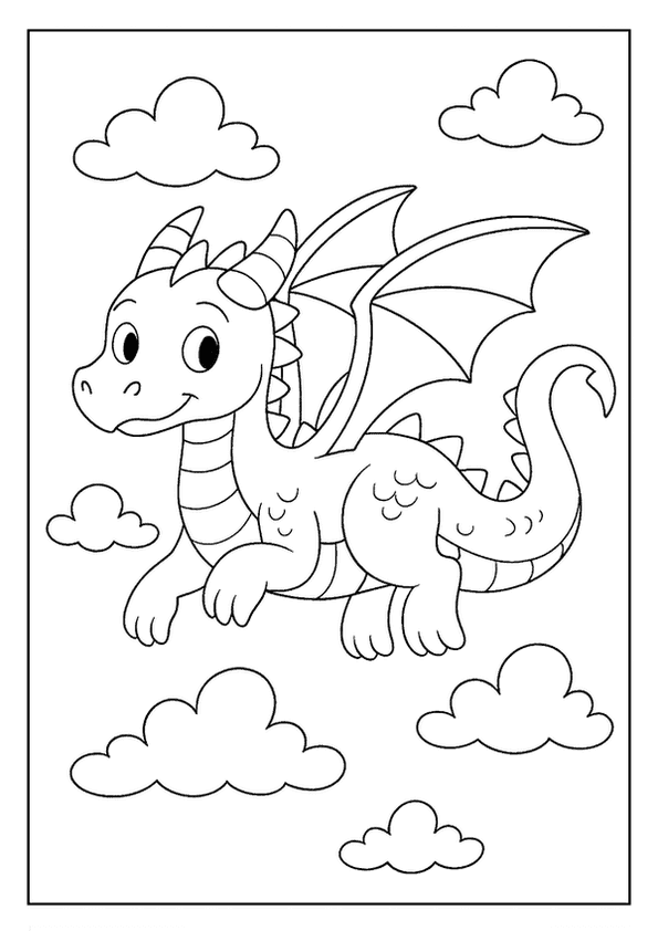 Cheerful sky dragon coloring page floating gracefully amidst fluffy clouds.