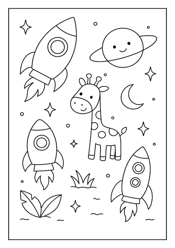 Space rockets coloring pages for kids, featuring cartoon rockets, planets, stars, and a friendly giraffe.