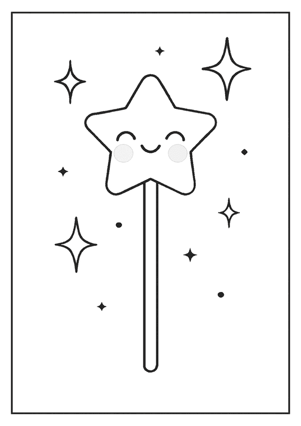A magic wand with a smiling star and sparkles in a Kawaii coloring page.