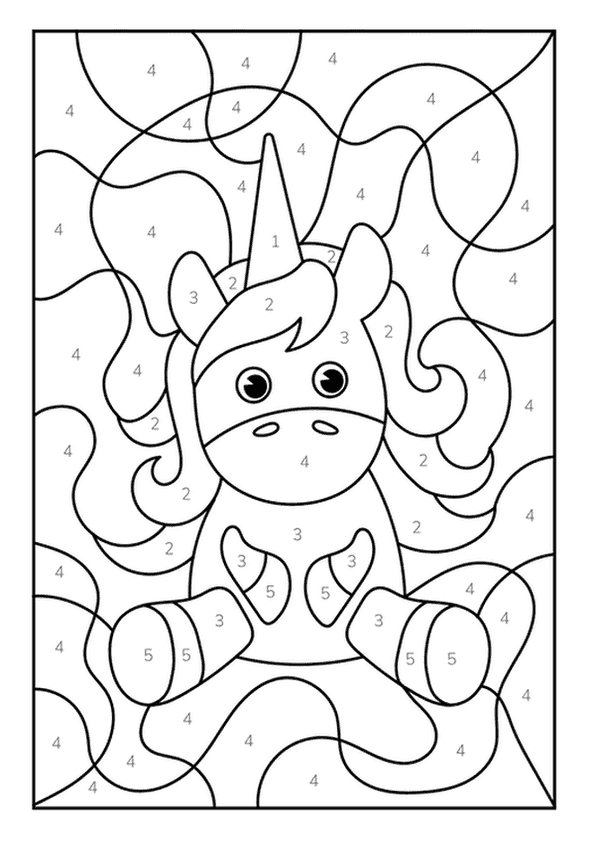 An enchanting color by number page of a unicorn with a swirling mane.