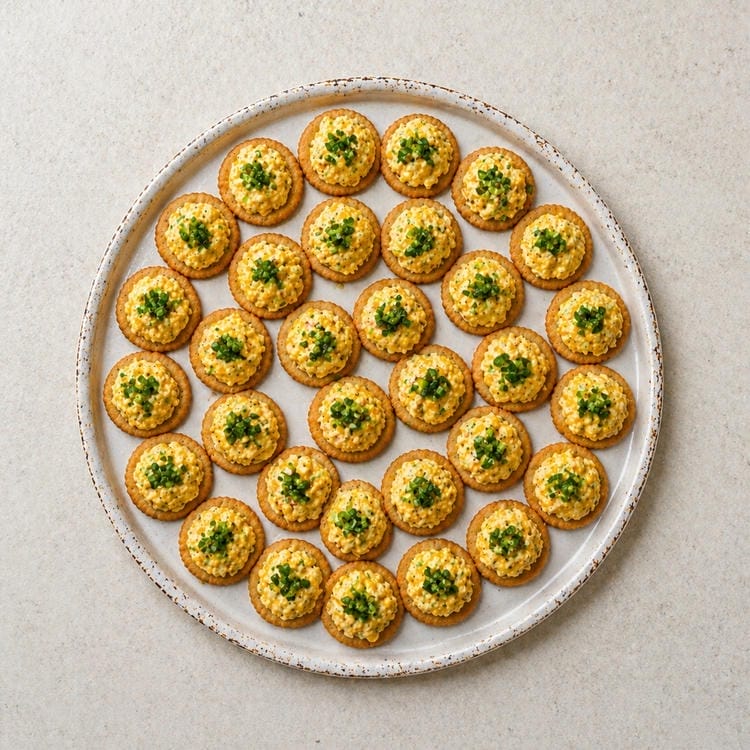 Spicy corn dip on crunchy crackers for a quick party snack.