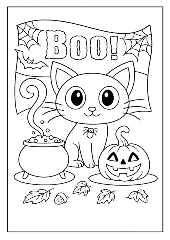 Spooky cat Halloween coloring page with a cauldron, pumpkin, and "BOO!" banner.