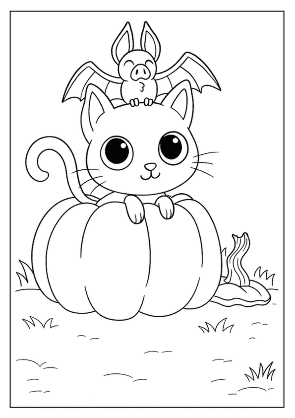  Adorable kitten with big eyes on a pumpkin, a friendly bat on its head.