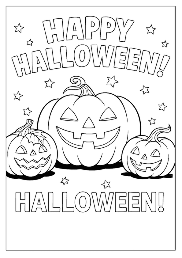 A joyful Halloween Coloring Page featuring three smiling jack-o'-lanterns and scattered stars.
