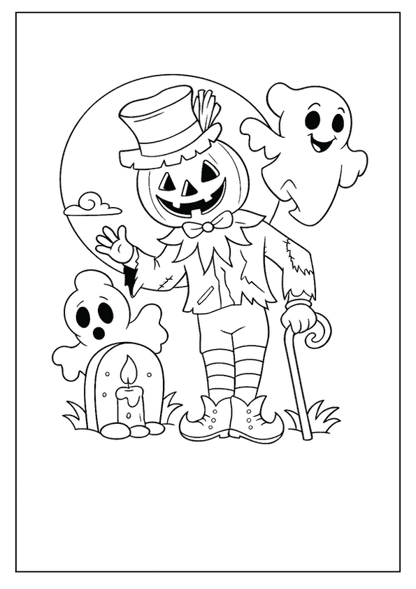 A dapper scarecrow with a pumpkin head, two friendly ghosts, and a tombstone with a candle.