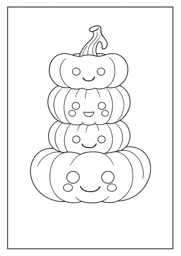 Four happy pumpkins stacked vertically, each with a unique smiling face.