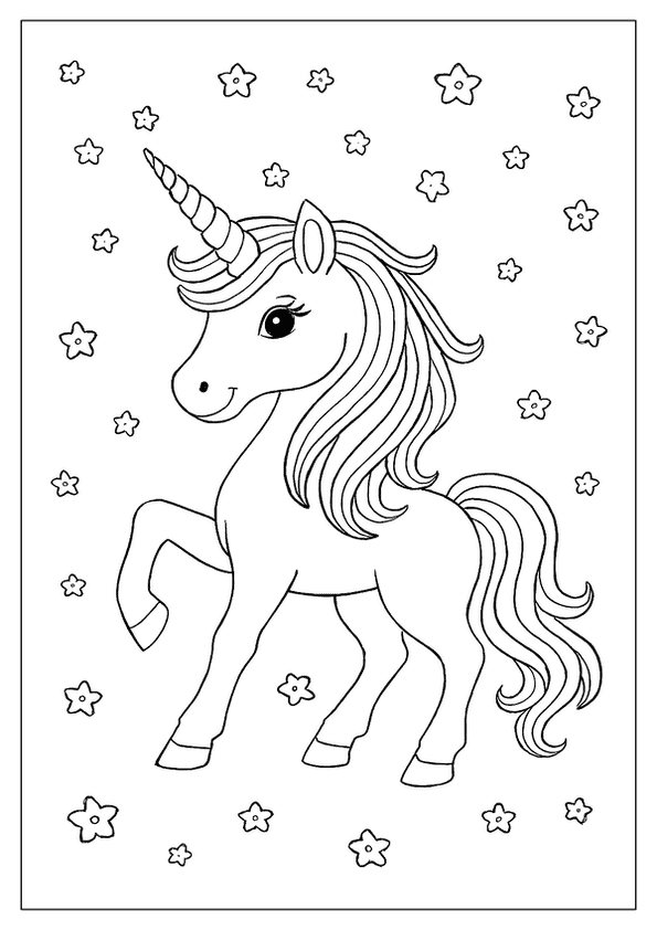 A Magical Unicorn Coloring Page With A Long, Flowing Mane And Tail, Prancing Among Many Stars.