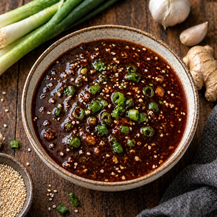 Asian stir fry sauce with sesame and green onion.